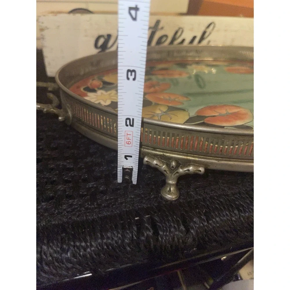 Vintage Gesetzlich‎ geschutzt Tray With Floral Porcelain/Enamel & Metal Frame